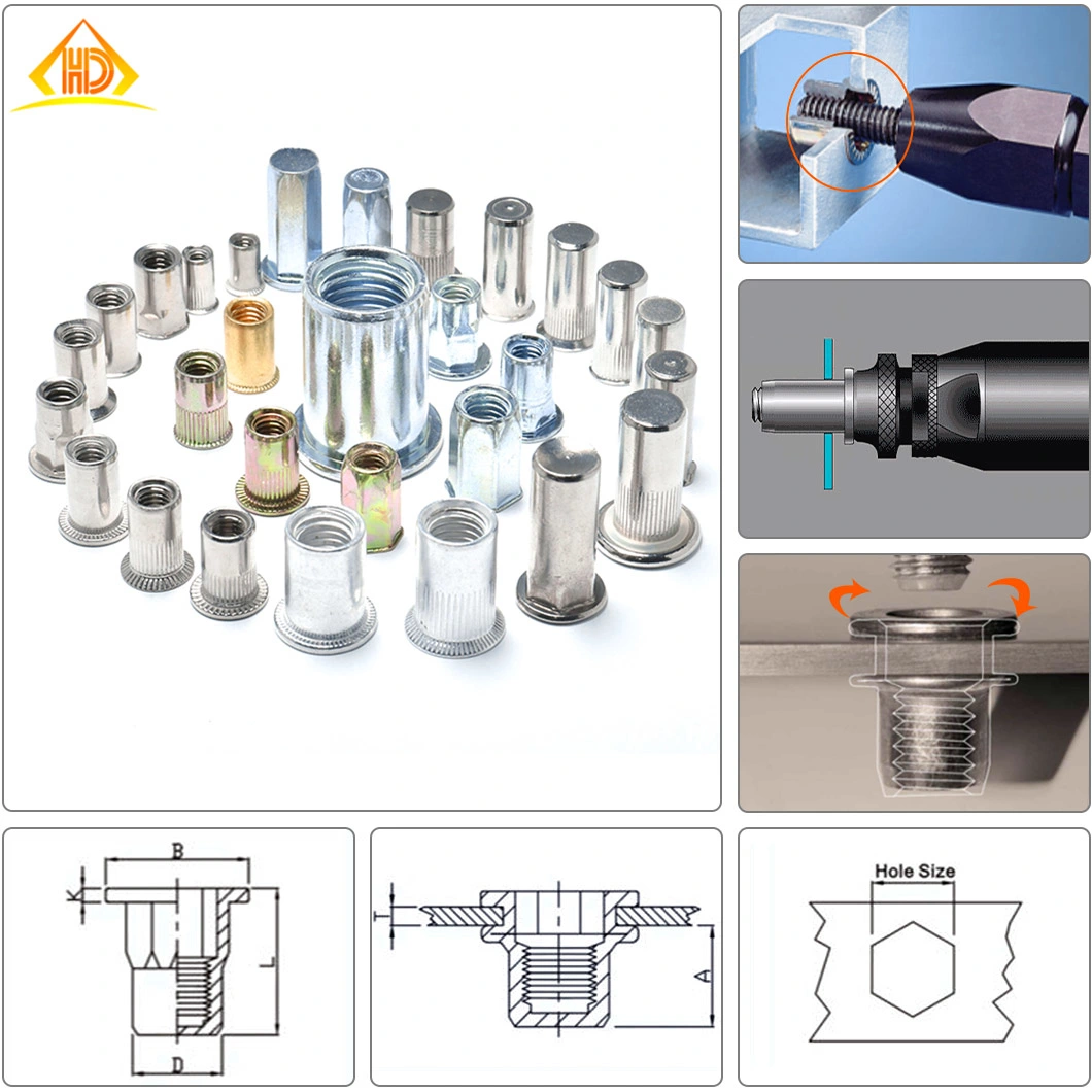 Different Sizes High Quality Aluminum M4 M5 M6 M8 Al Flat Head Knurled Body Rivet Nuts with Open End