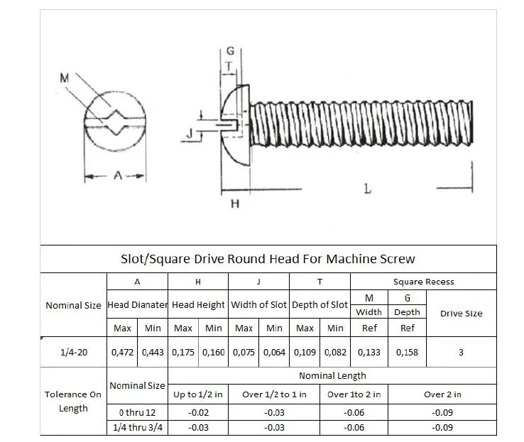 Steel 4.8 Class Slot Square Drive Machine Screw Round Head Screw